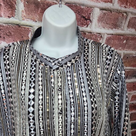 Metallic Kurta M | Silver Black Long Sleeve Festival Boho Ethnic Statement Top - Picture 3 of 9